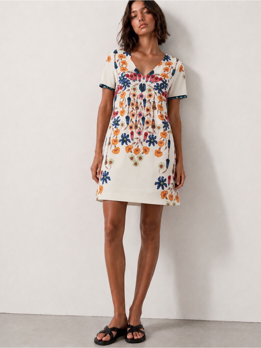 Desigual Cream Mini Dress with Blue & Orange Floral Embroidery